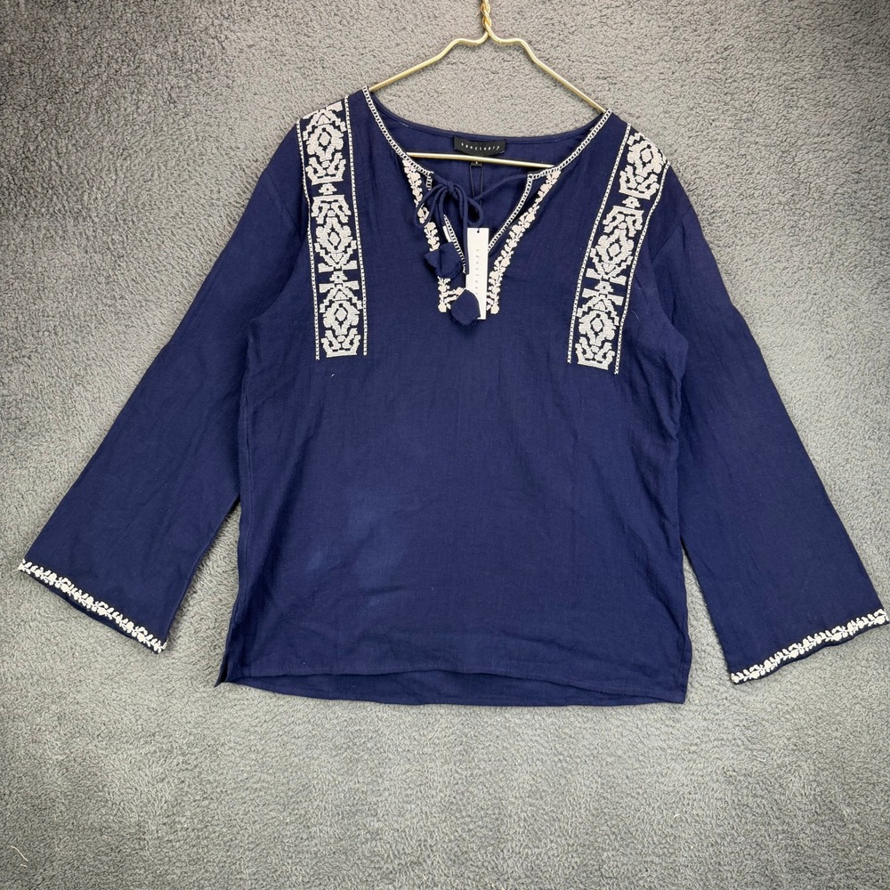 Sanctuary Womens Navy Blue Embroidered Boho Tassel Tie Peasant Top Small NEW
